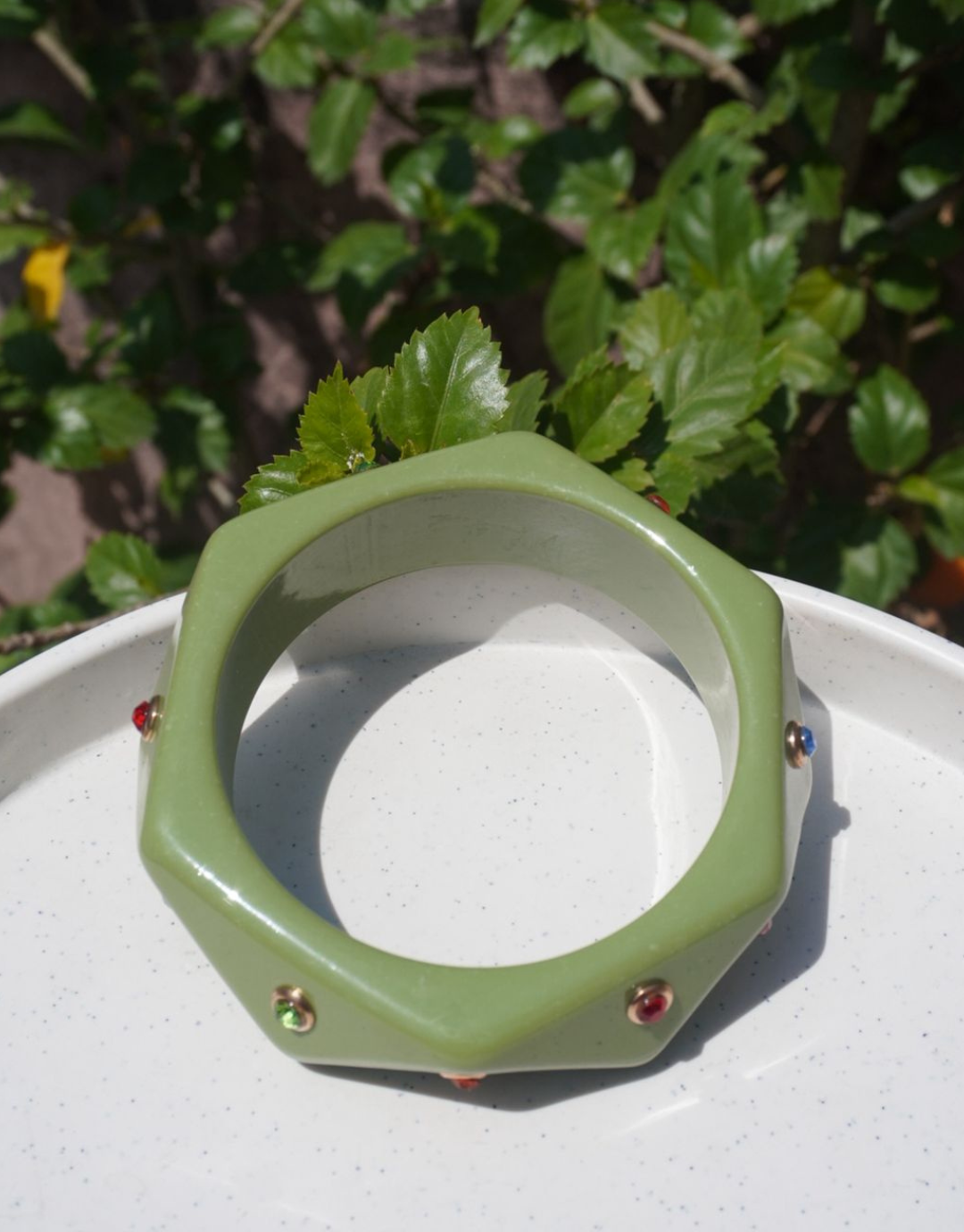 Vintage Sage Hexagon Bangle with Multi-Gemstone Accents