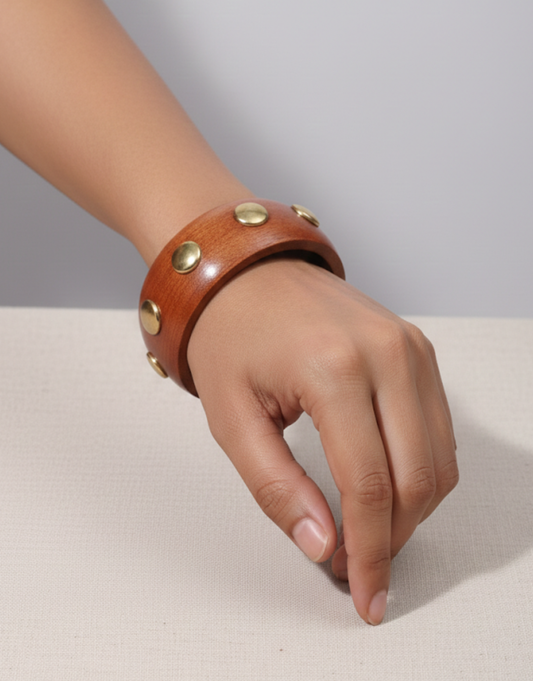 Wooden Studded Bangle – Natural Wood Statement Bracelet