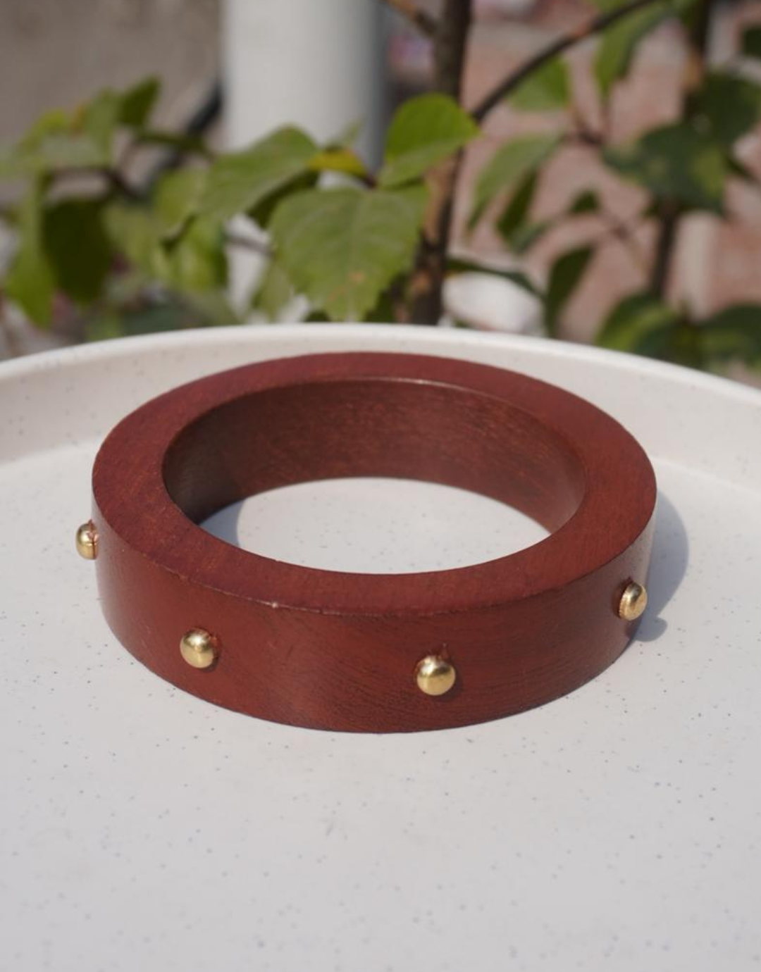 Handcrafted Mahogany Wood Bangle with Polished Brass Studs