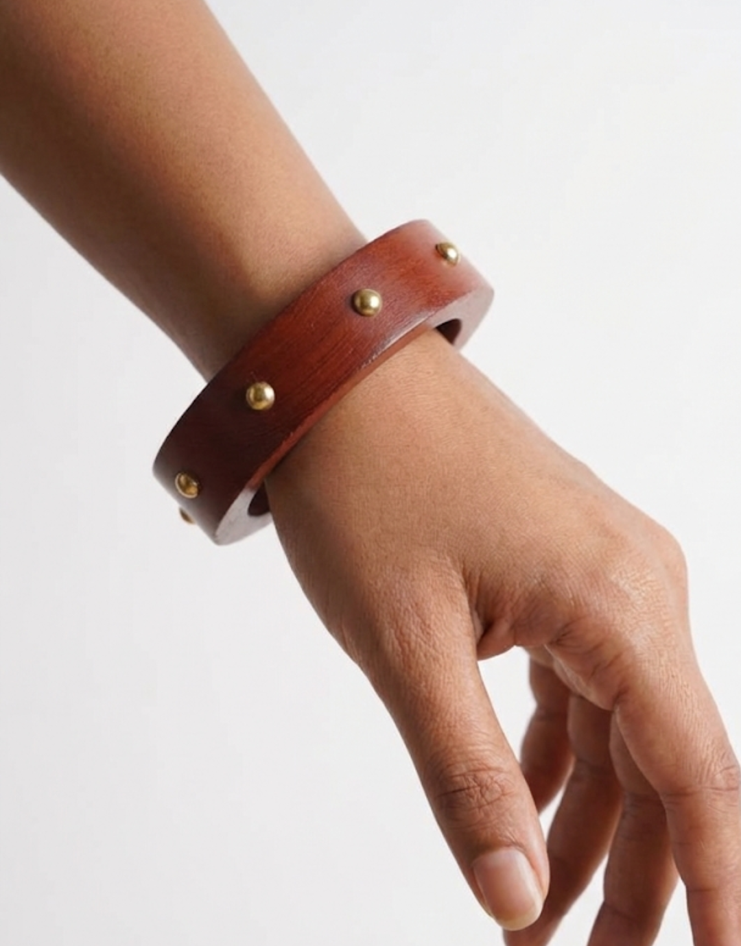 Handcrafted Mahogany Wood Bangle with Polished Brass Studs