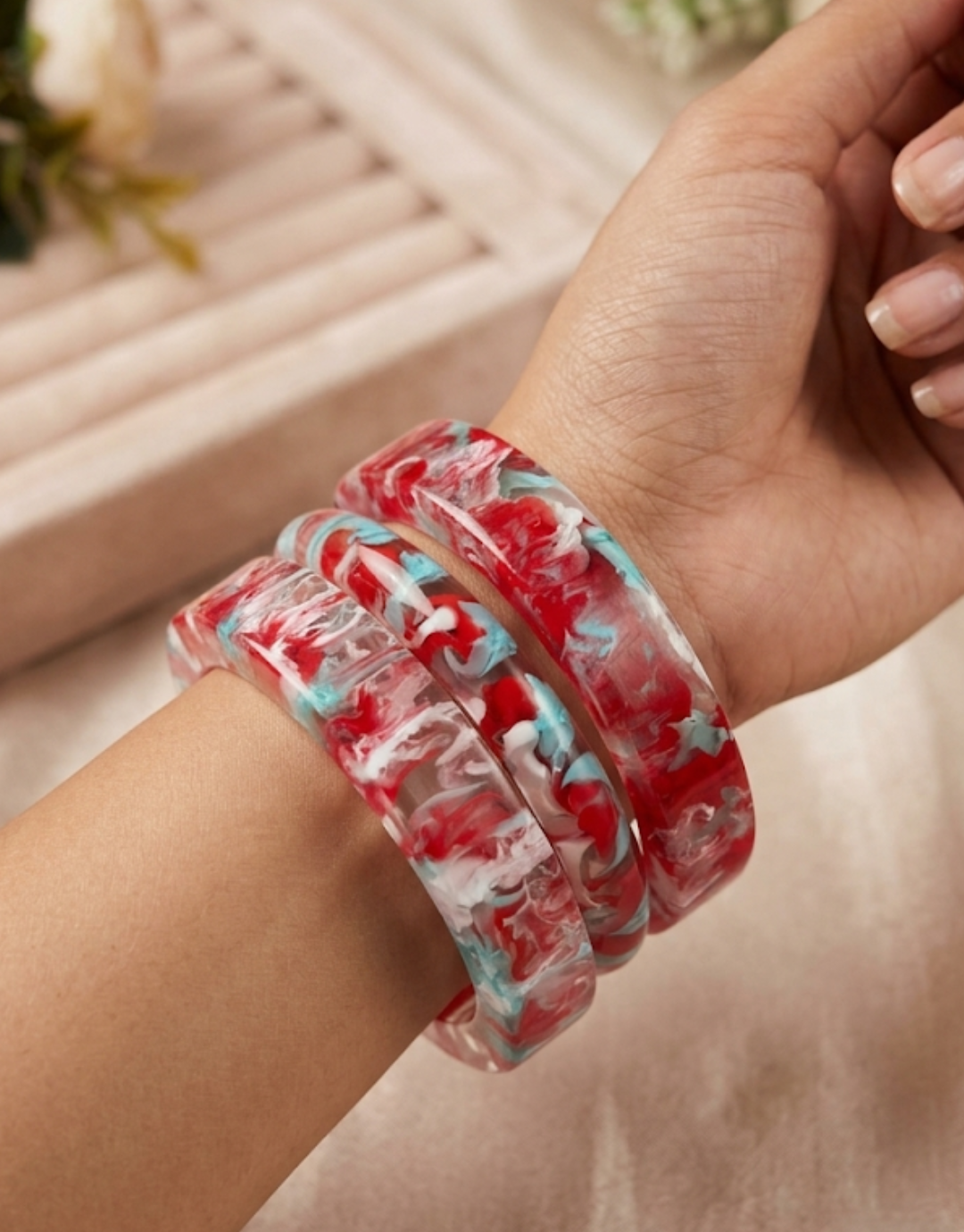 Red & Light Blue Marble Resin Acrylic Bangle Set (Pack of 3)
