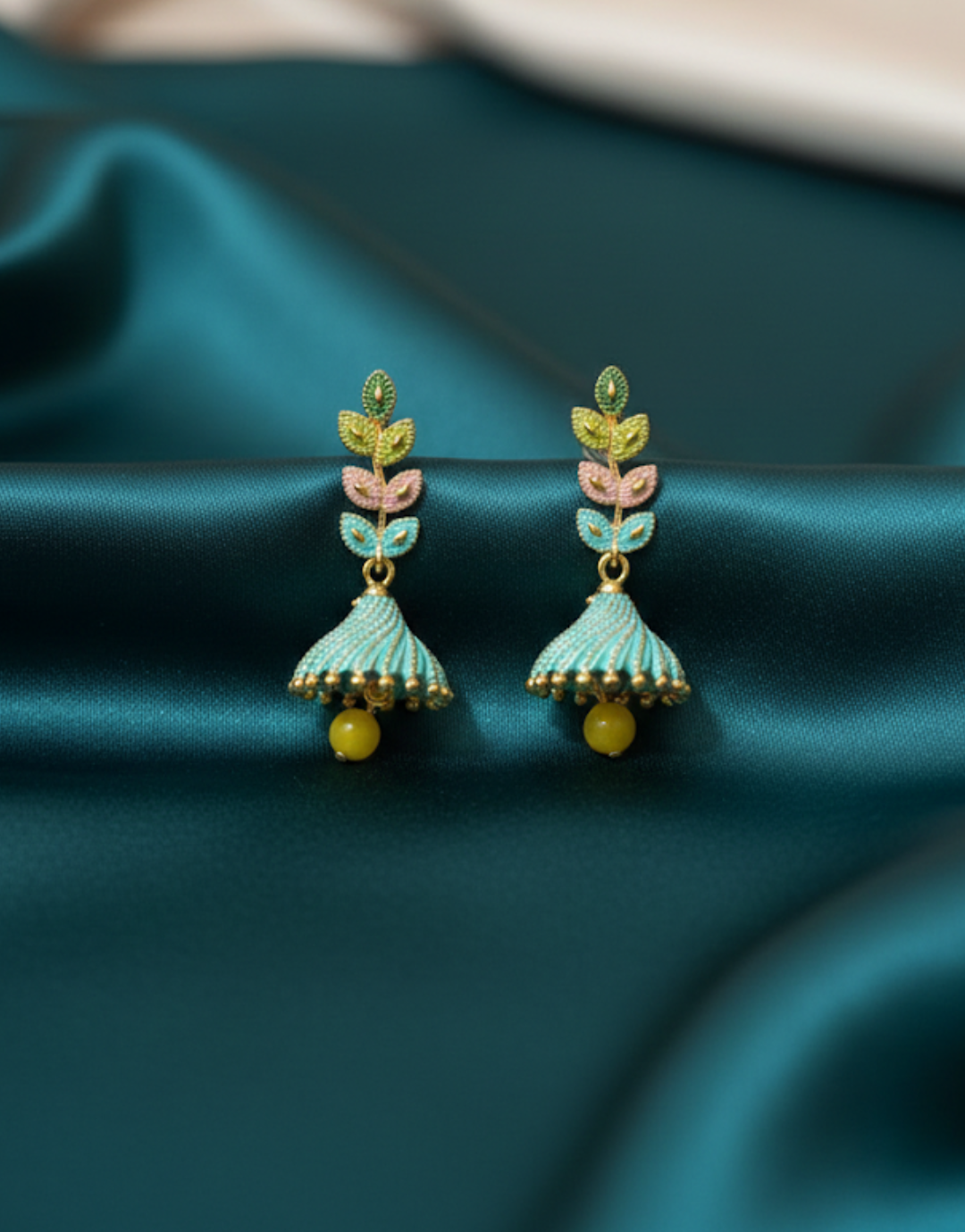 Teal & Gold Leaf Jhumka Earrings