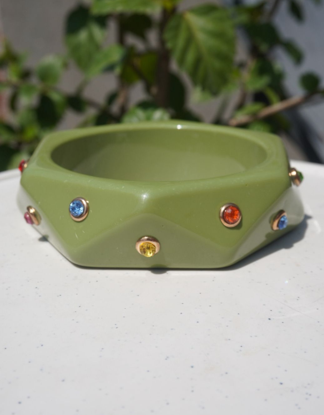 Vintage Sage Hexagon Bangle with Multi-Gemstone Accents