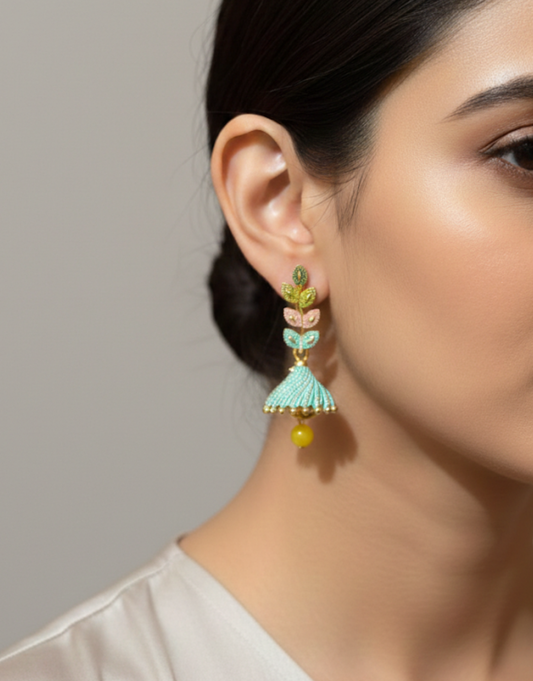 Teal & Gold Leaf Jhumka Earrings