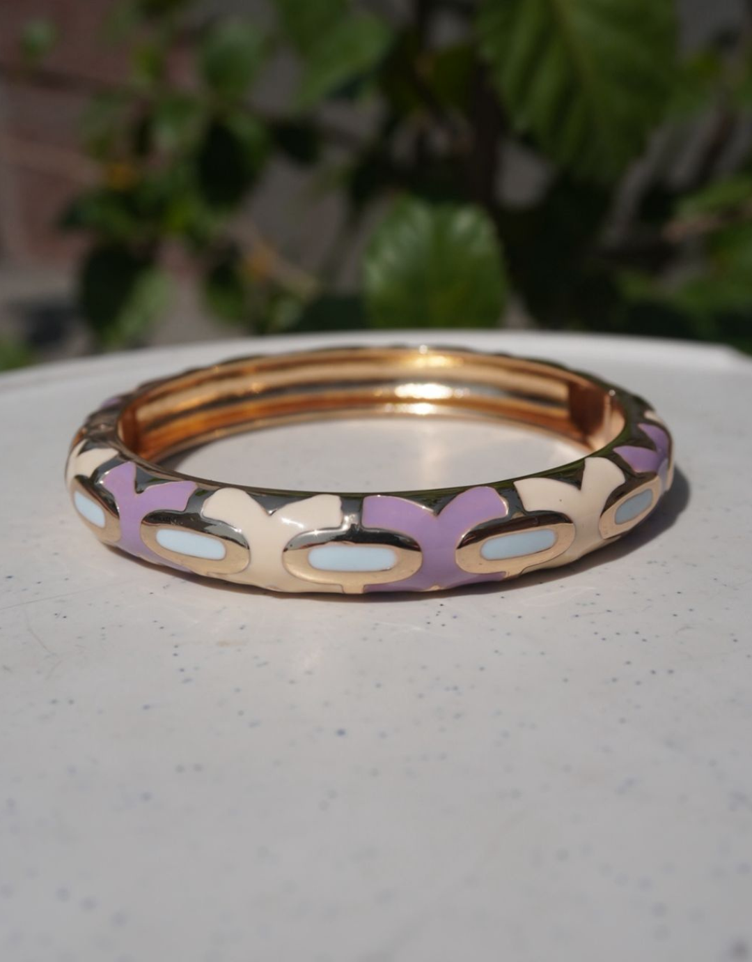 Enamel & Gold-Tone Hinged Bangle – Pastel Geometric Mosaic Bracelet in Lilac, Cream, and Sky Blue
