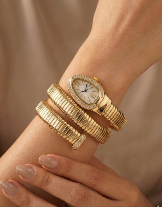 Women’s Gold Snake Bracelet Watch – Double Wrap Flexible Band with Crystal Accents