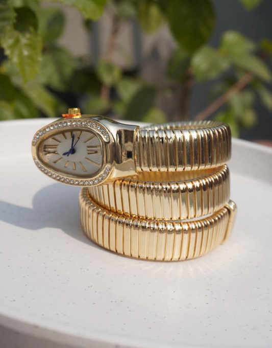 Women’s Gold Snake Bracelet Watch – Double Wrap Flexible Band with Crystal Accents
