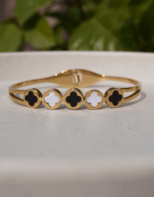 Gold Four Leaf Clover Bracelet – Black & White Enamel Bangle for Women