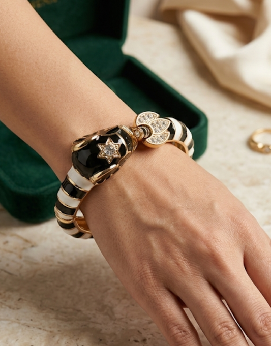 Luxury Elephant Motif Bangle – Enamel Black & White Striped Bracelet with Gold-Tone Accents and Crystal Embellishments