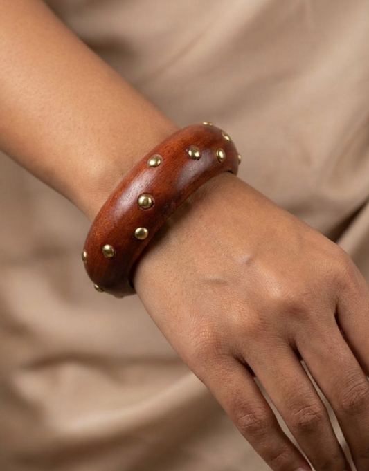 Polished Wood & Gold-Tone Rivet Bangle