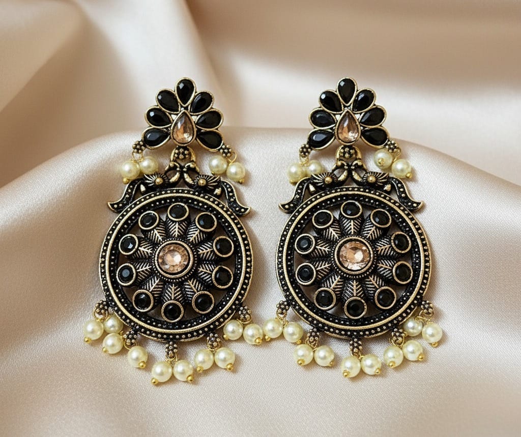 Antique Oxidised Gold Pearl Earrings | Ethnic Stone Statement Jewellery for Wedding & Festive Wear