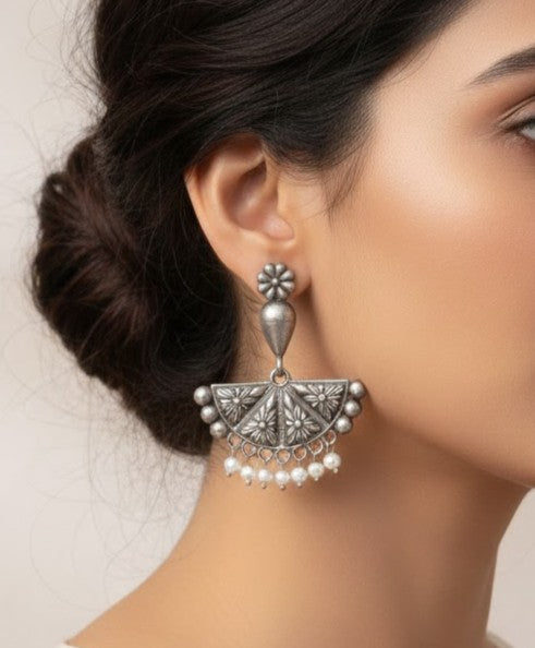 Chandbali Earrings – Floral Engraved Fan Dangle Earrings with White Pearl Drops