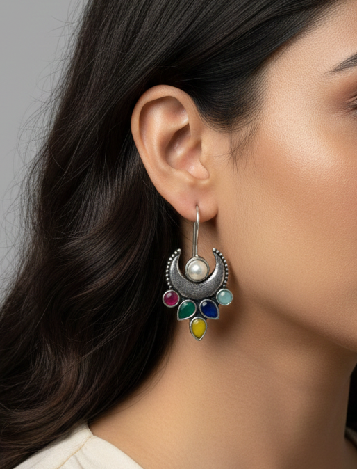 Crescent Moon Earrings with Pearl and Multi-Color Stones