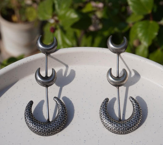 Oxidized Silver Triple Moon Statement Jhumka Earrings