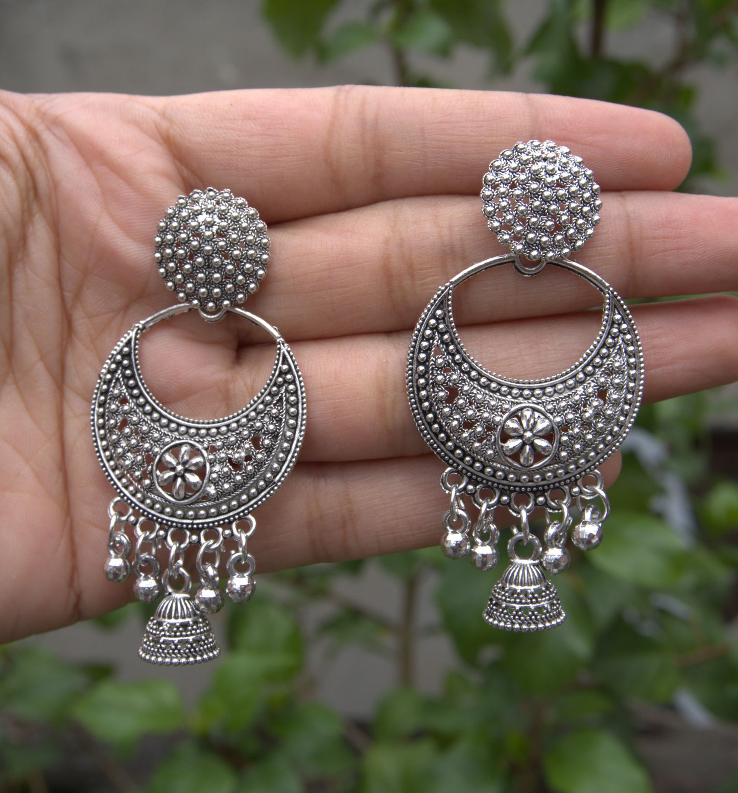 Oxidised Silver Chand Jhumka Earrings