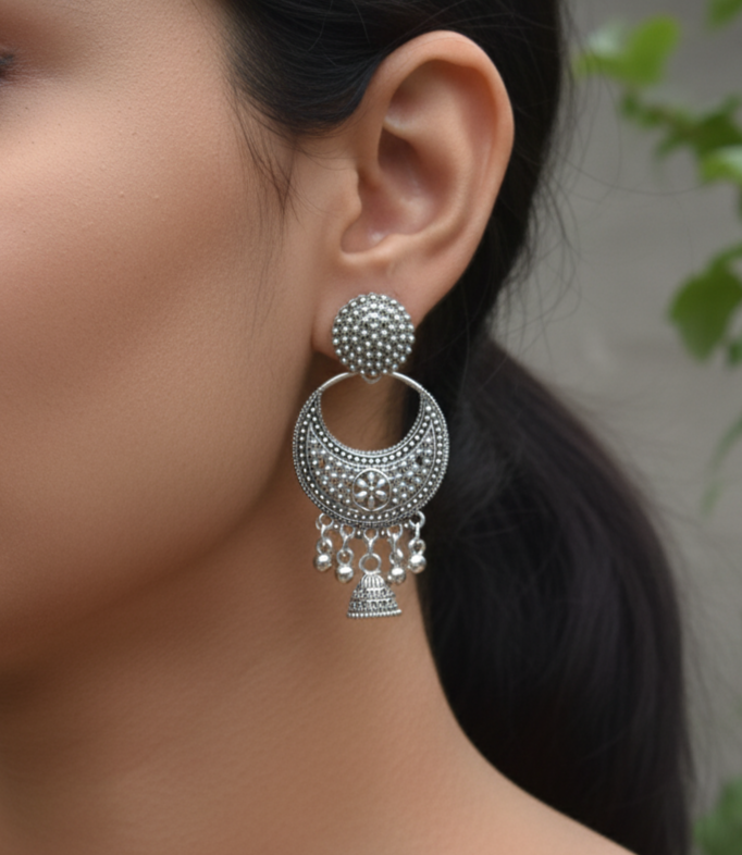 Oxidised Silver Chand Jhumka Earrings