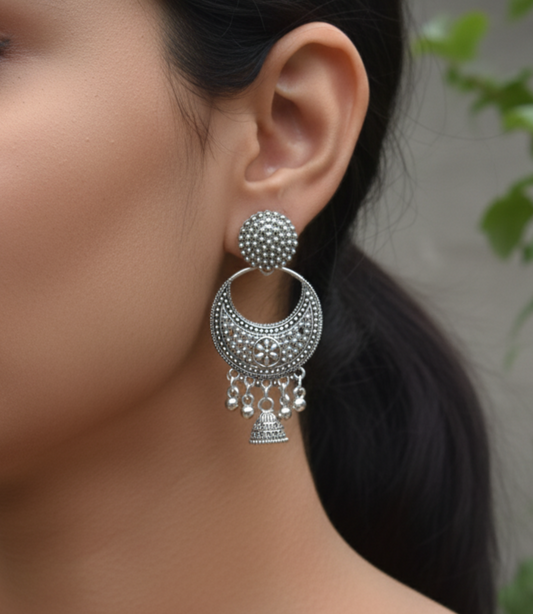Oxidised Silver Chand Jhumka Earrings