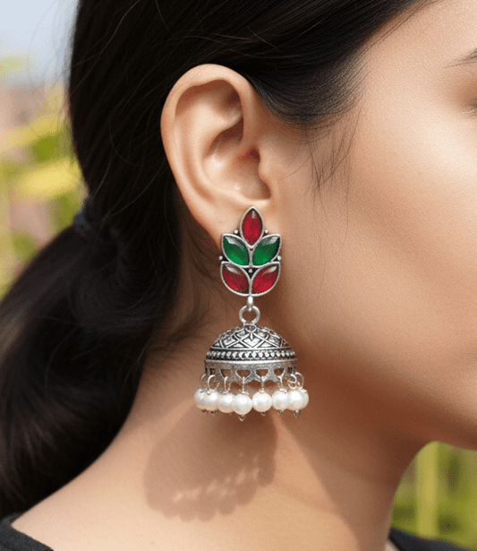 Classic Jhumki with Colorful Enamel Top and Pearl Drops