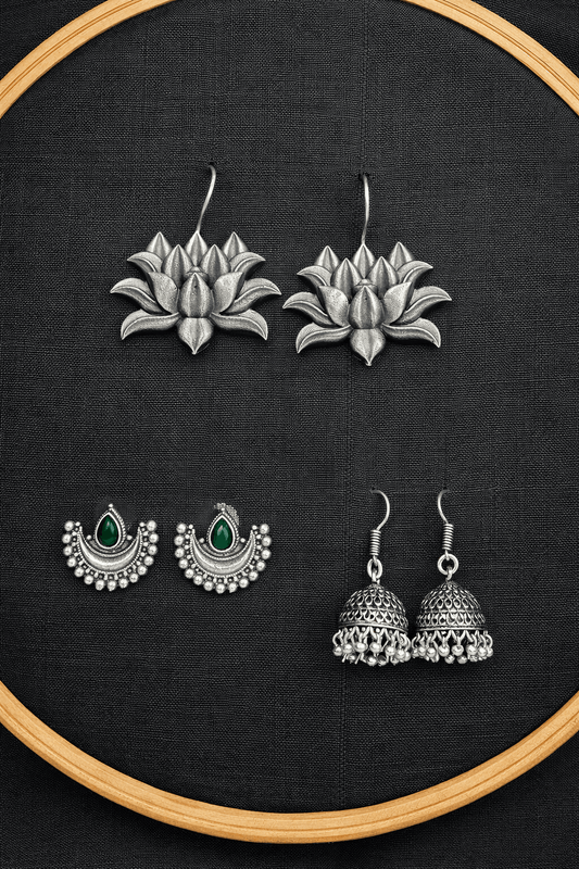 Antique Finish Tribal Earring Set – 3 Pairs of Traditional Lotus, Jhumkas, and Crescent Studs