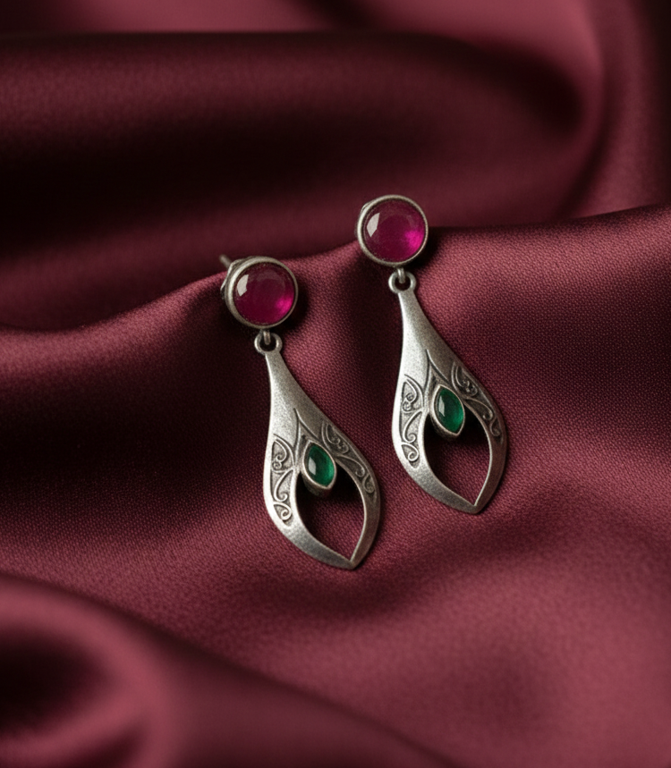 Fusion Pink Ruby & Emerald-Tone Stone Long Earrings