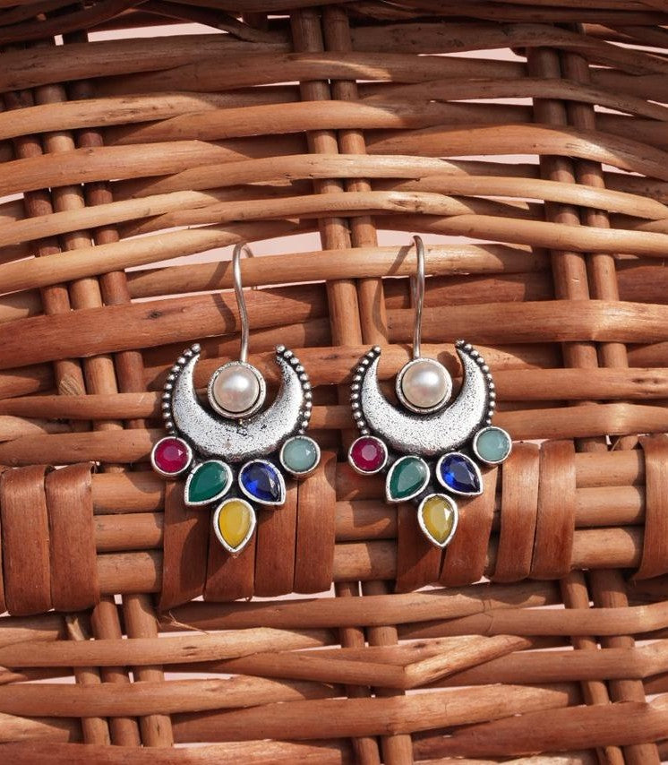 Crescent Moon Earrings with Pearl and Multi-Color Stones