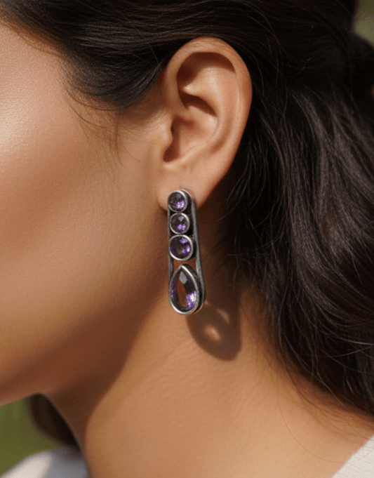 Amethyst Drop Earrings – Sterling Silver Inlay with Graduated Purple Gemstones
