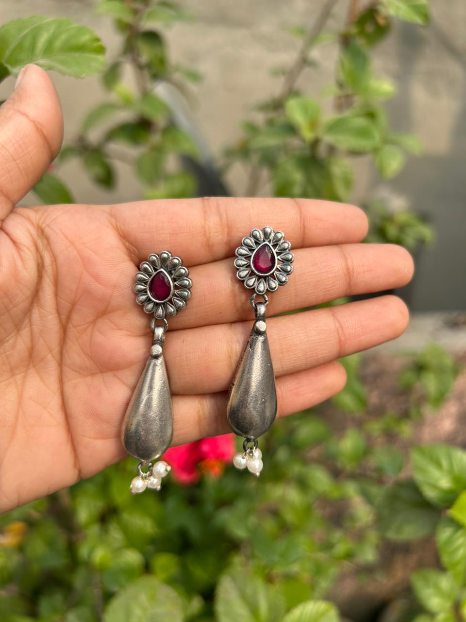 Silver-Tone Floral Stud Dangle Earrings with Ruby-Hued Center