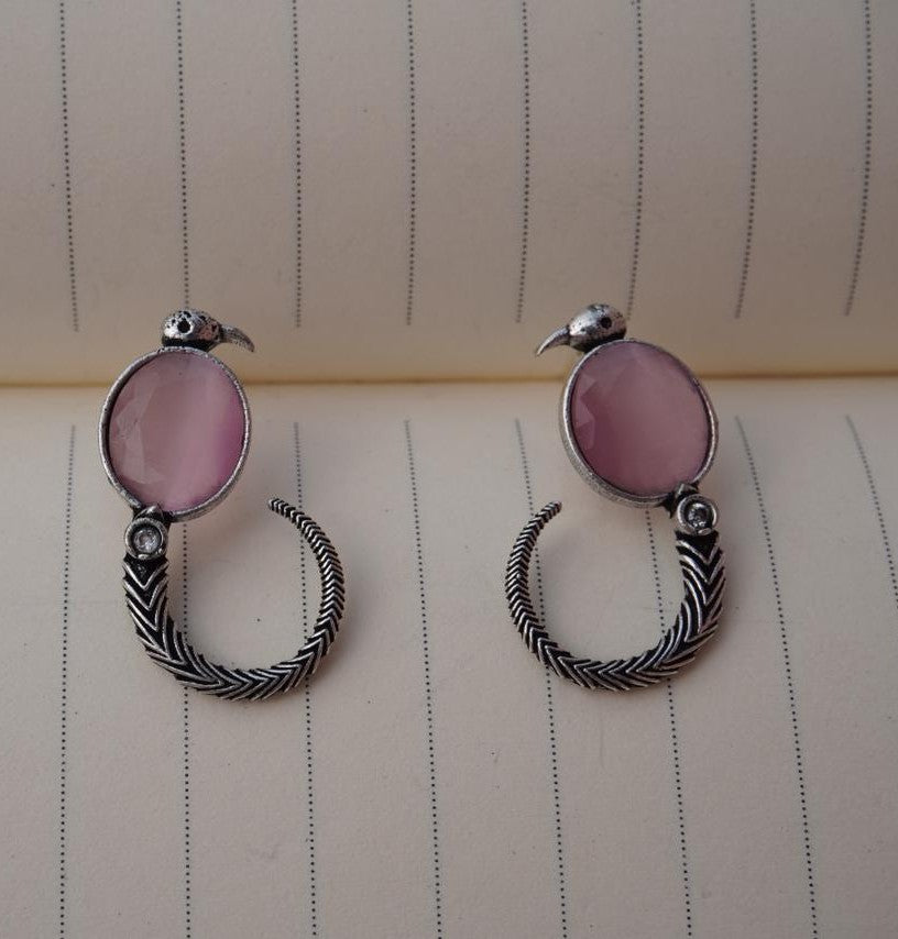 Pink Stone Antique Silver Hoop Earrings