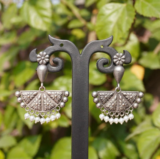 Chandbali Earrings – Floral Engraved Fan Dangle Earrings with White Pearl Drops