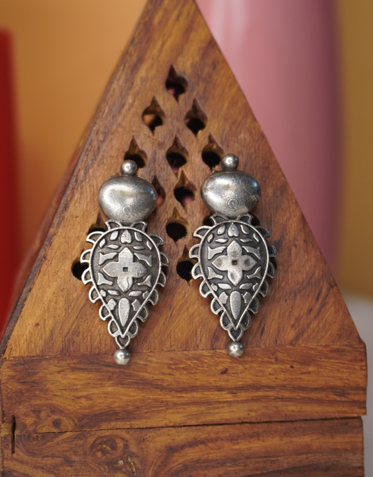 Floral Engraved Bohemian earing for Women | Silver-Finished Oxidized Drop Earrings
