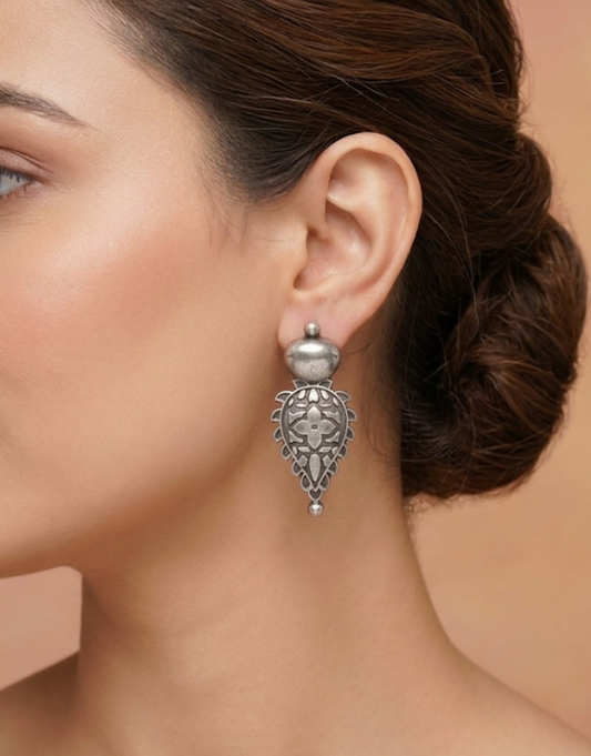 Floral Engraved Bohemian earing for Women | Silver-Finished Oxidized Drop Earrings