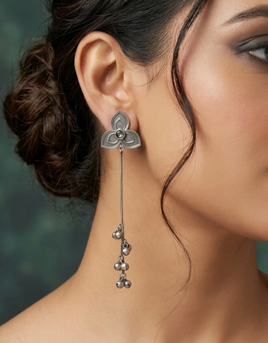 Tribal Chic Oxidised Lotus Drop Earrings with Ghungroo Tassels | Kashmiri Jhumka