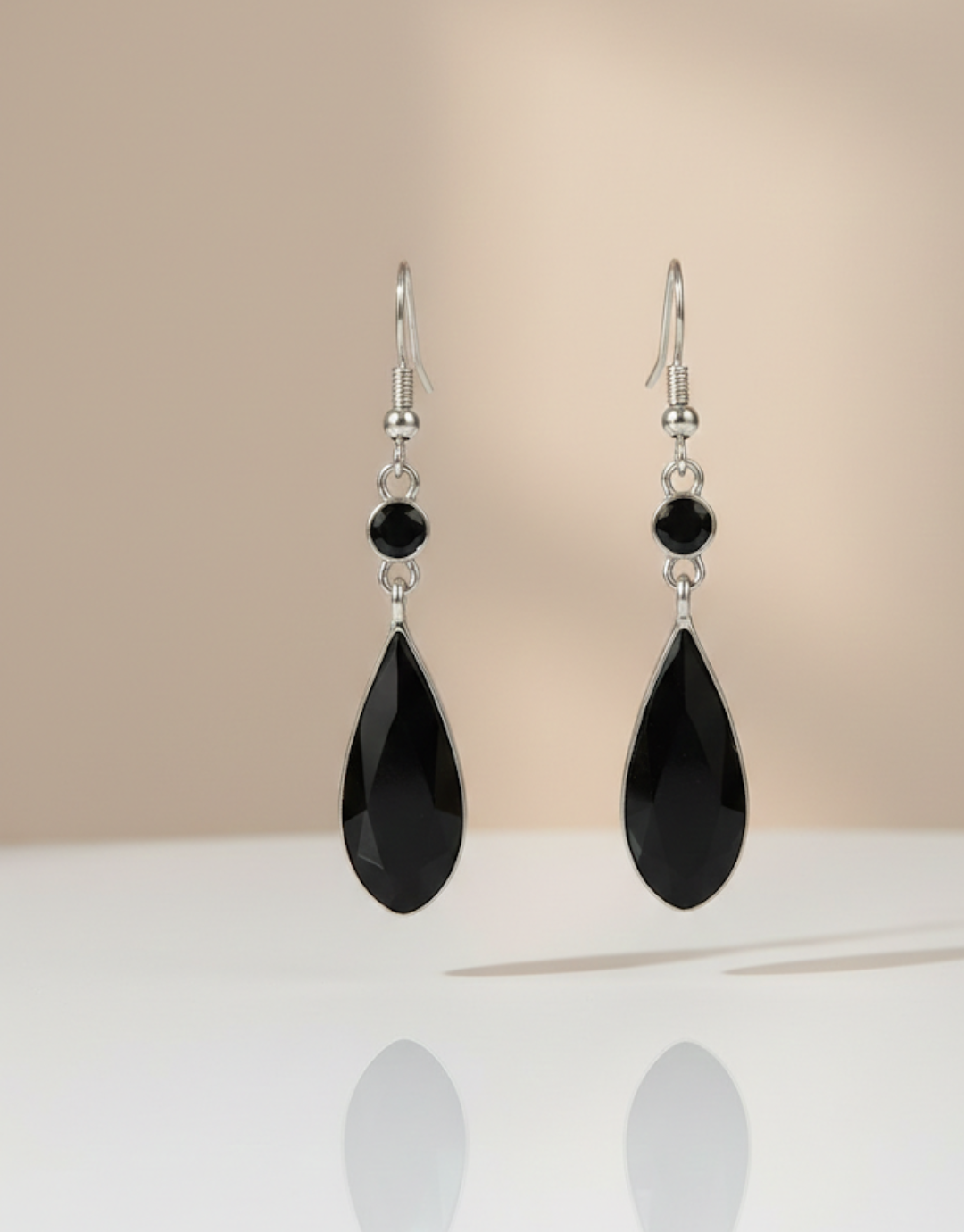 Midnight Onyx Teardrop Earrings – Elegant Silver-Tone Dangle Earrings for Women