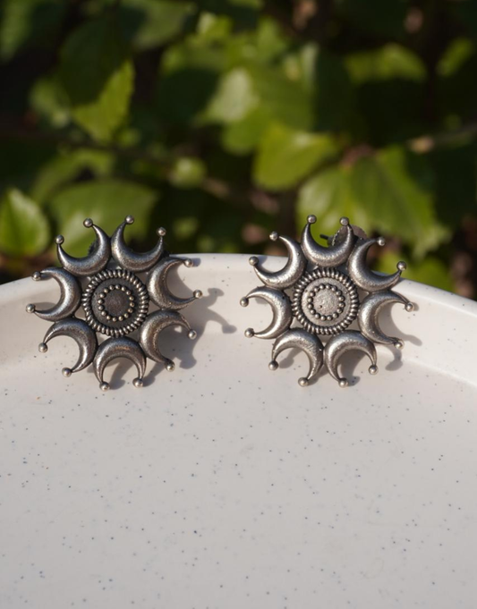 Artisan Crafted Oxidized Silver Sunburst Mandala Earrings
