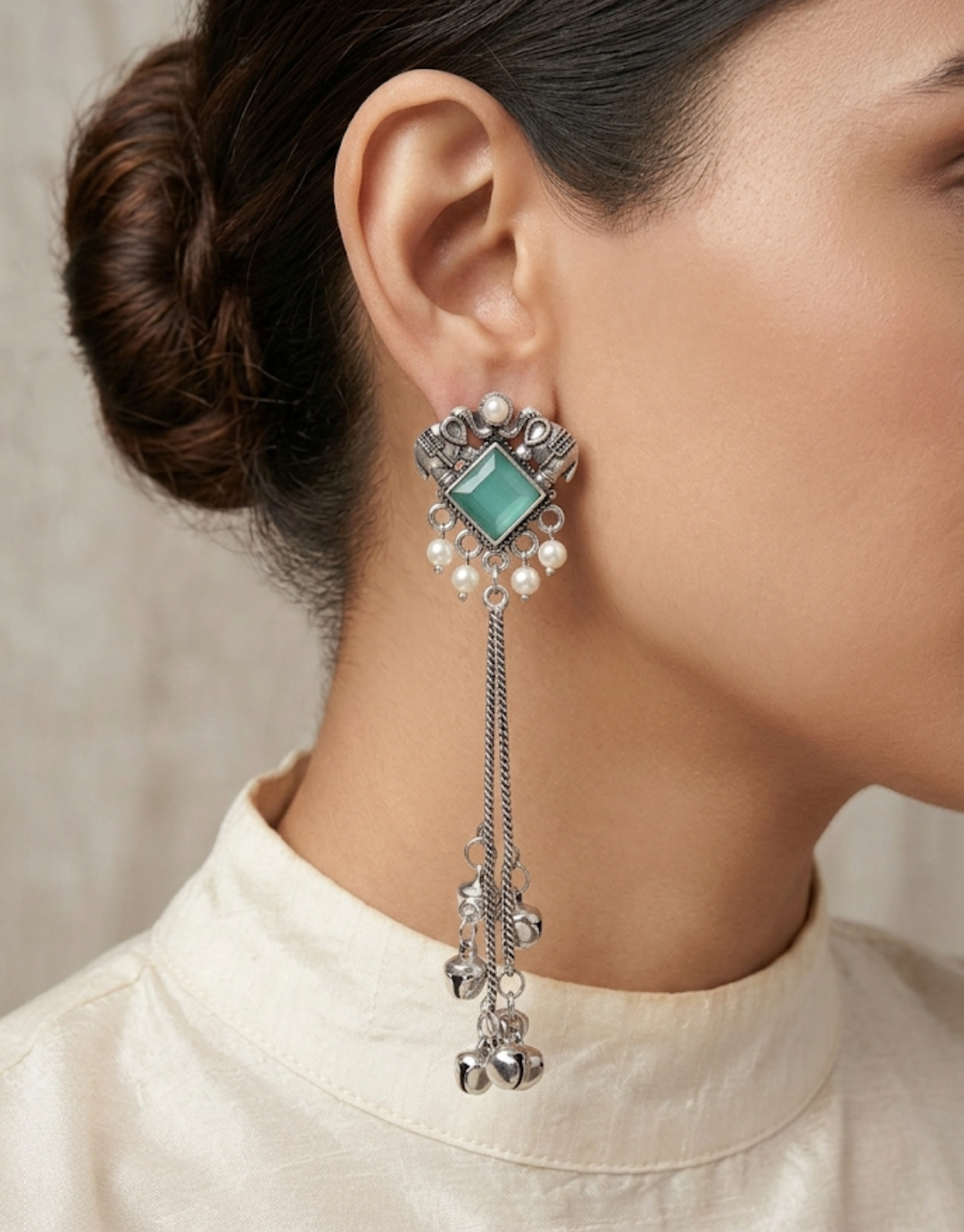 Sea-Green Stone Long Tassel Kashmiri Earrings