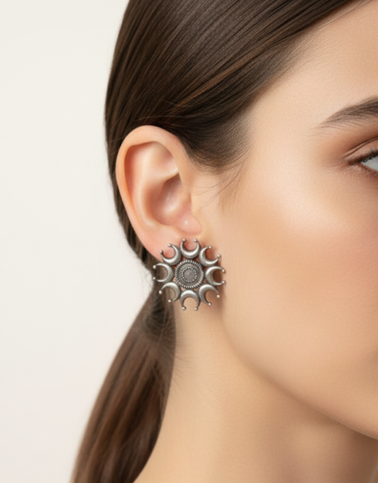 Artisan Crafted Oxidized Silver Sunburst Mandala Earrings