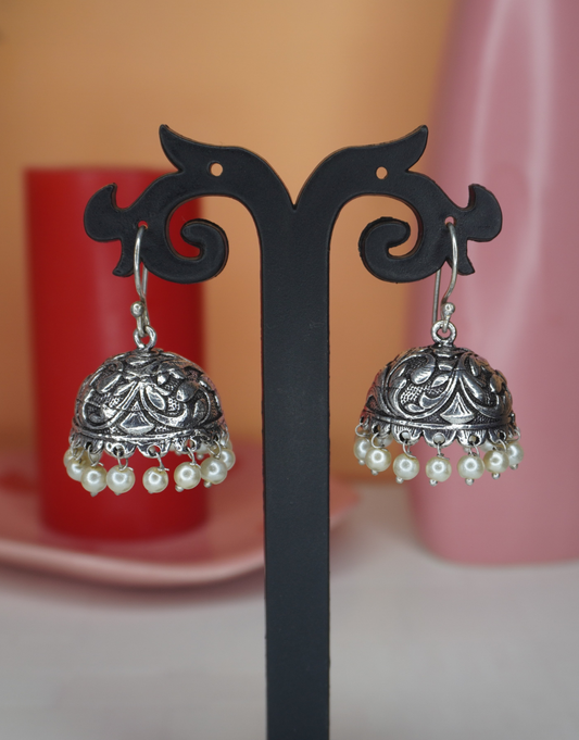 Traditional Silver-Tone Dome Jhumkas with Pearl Accents