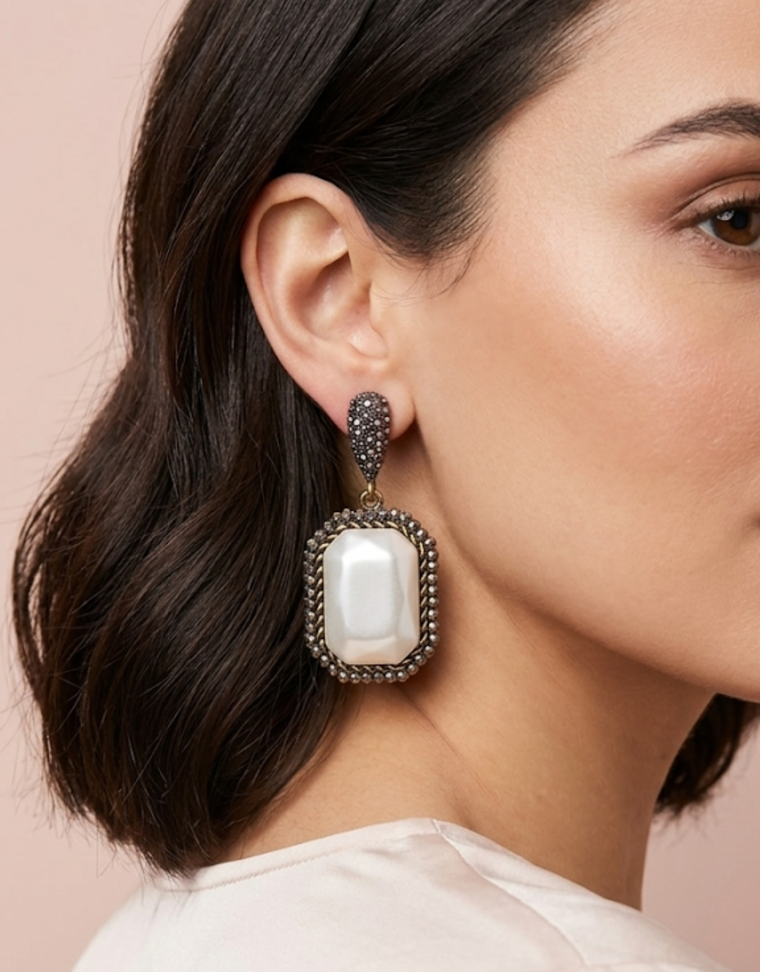 Vintage Pearl Drop Earrings | Antique Gold Frame & Crystal Pave Accent