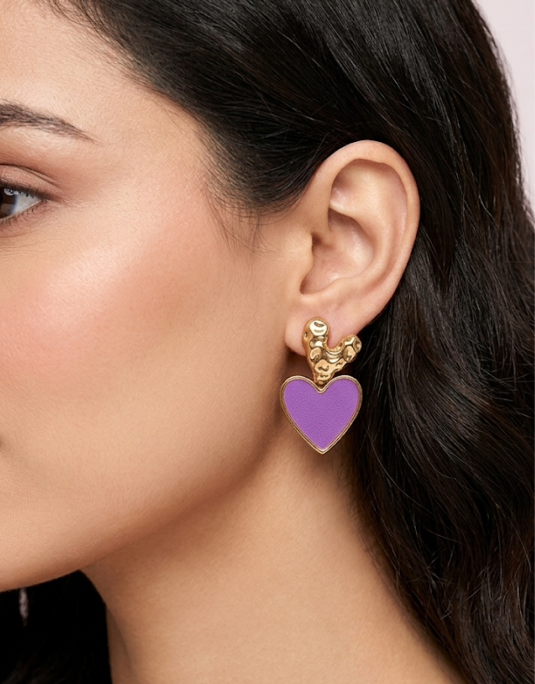 Gold Textured Heart Earrings with Purple Enamel Accent