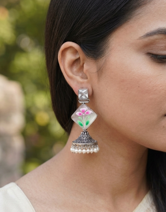 Painted Floral Jhumka Earrings with Square Stud and Pearl Drops