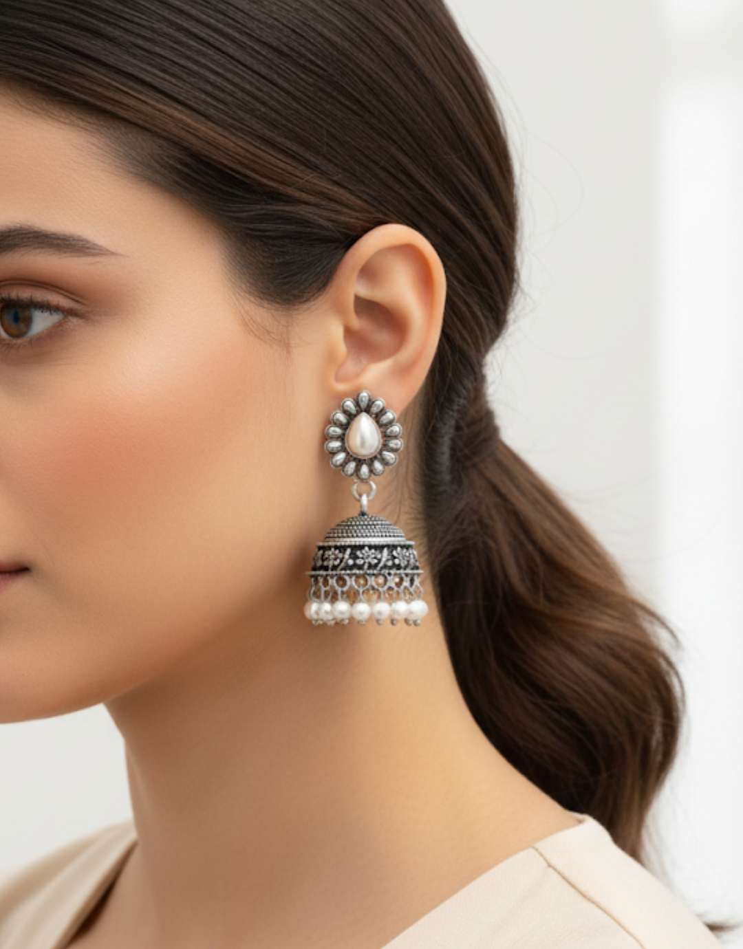Pearl-Encrusted Vintage Oxidized Jhumkas