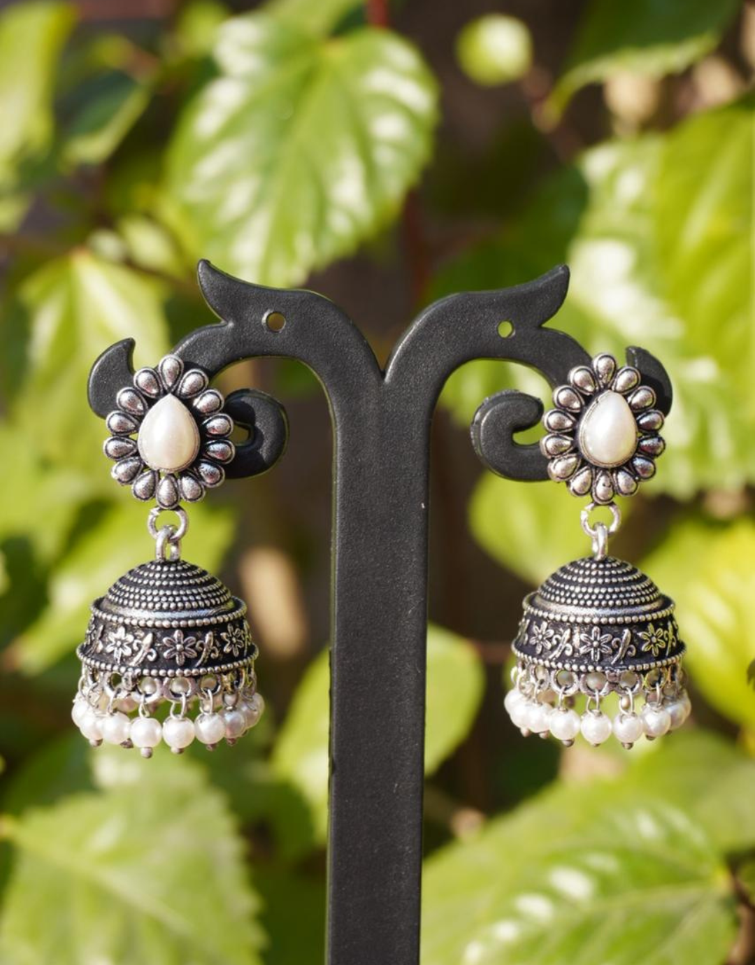 Pearl-Encrusted Vintage Oxidized Jhumkas
