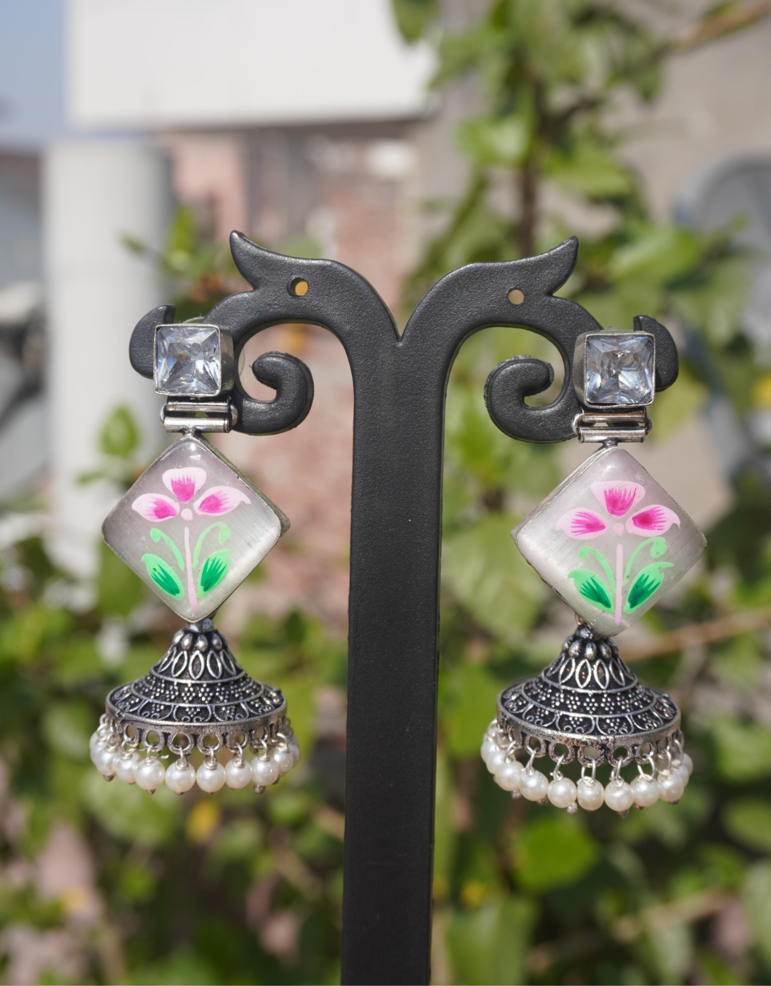 Painted Floral Jhumka Earrings with Square Stud and Pearl Drops
