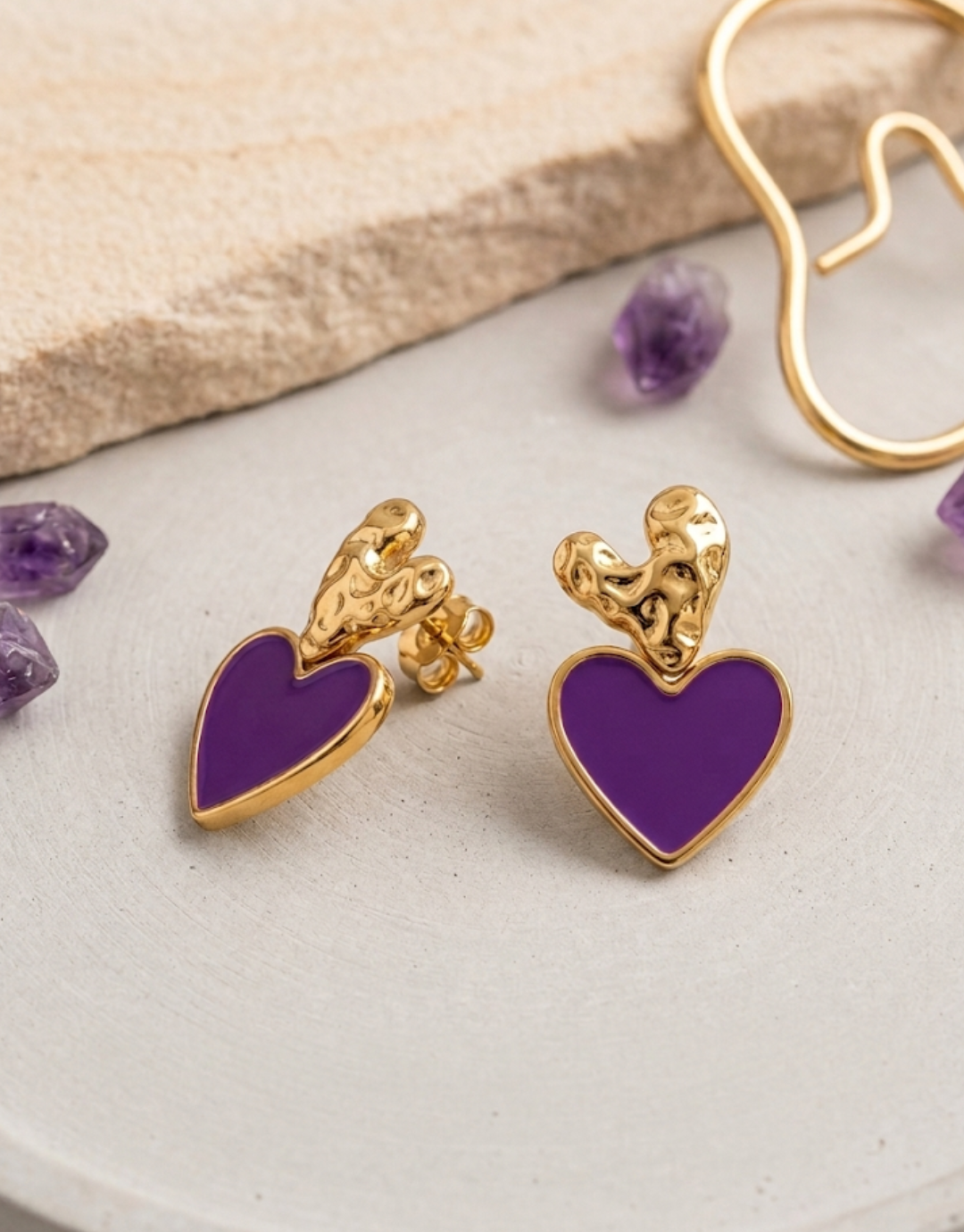 Gold Textured Heart Earrings with Purple Enamel Accent