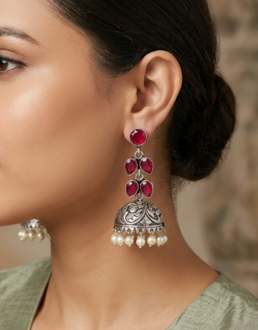 Ruby Red & Oxidized Silver Petite Jhumka Earrings with Pearl Drops