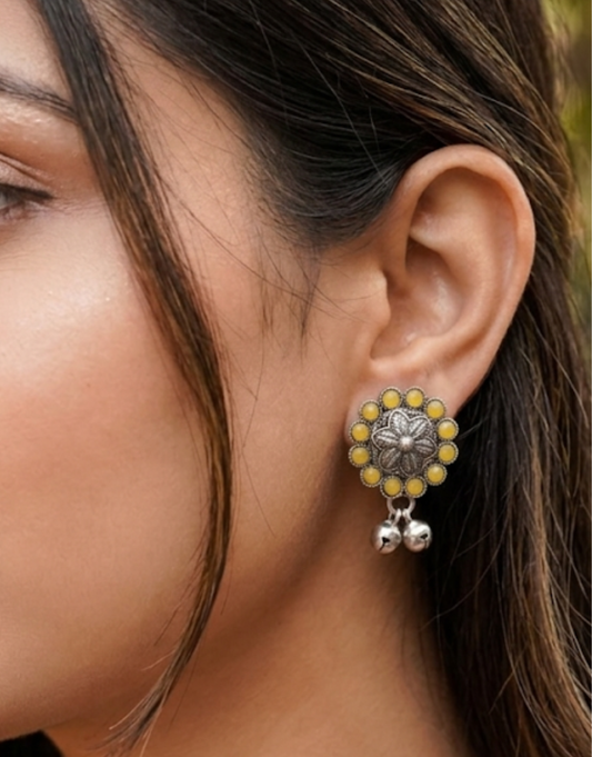 Oxidized Silver Floral Studs with Sun-Yellow Stones & Delicate Ghungroo Drops