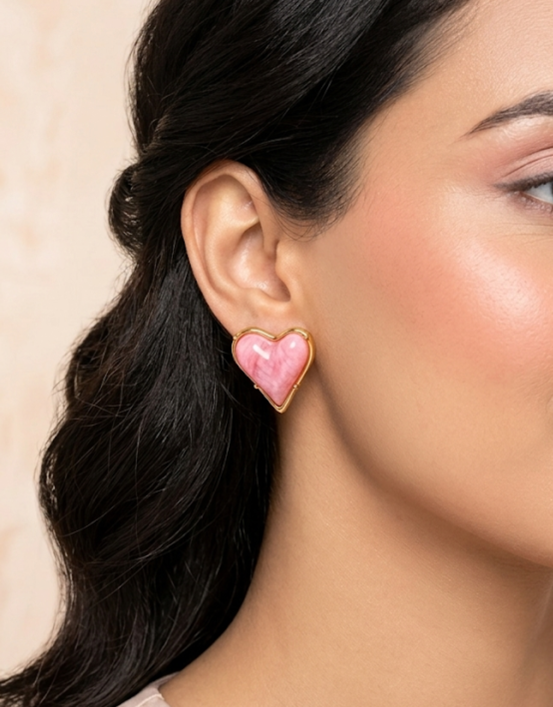 Pink Quartz Resin Heart Earrings – Golden Studs