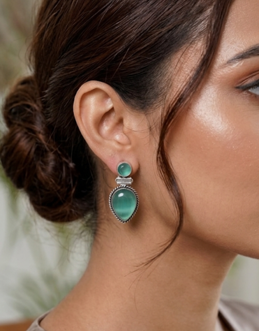 Seafoam Green Teardrop Drop Earrings in Oxidized Silver