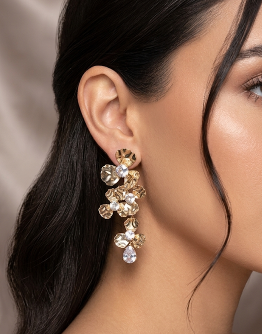 Textured Gold Floral Cascade Earrings with Crystals