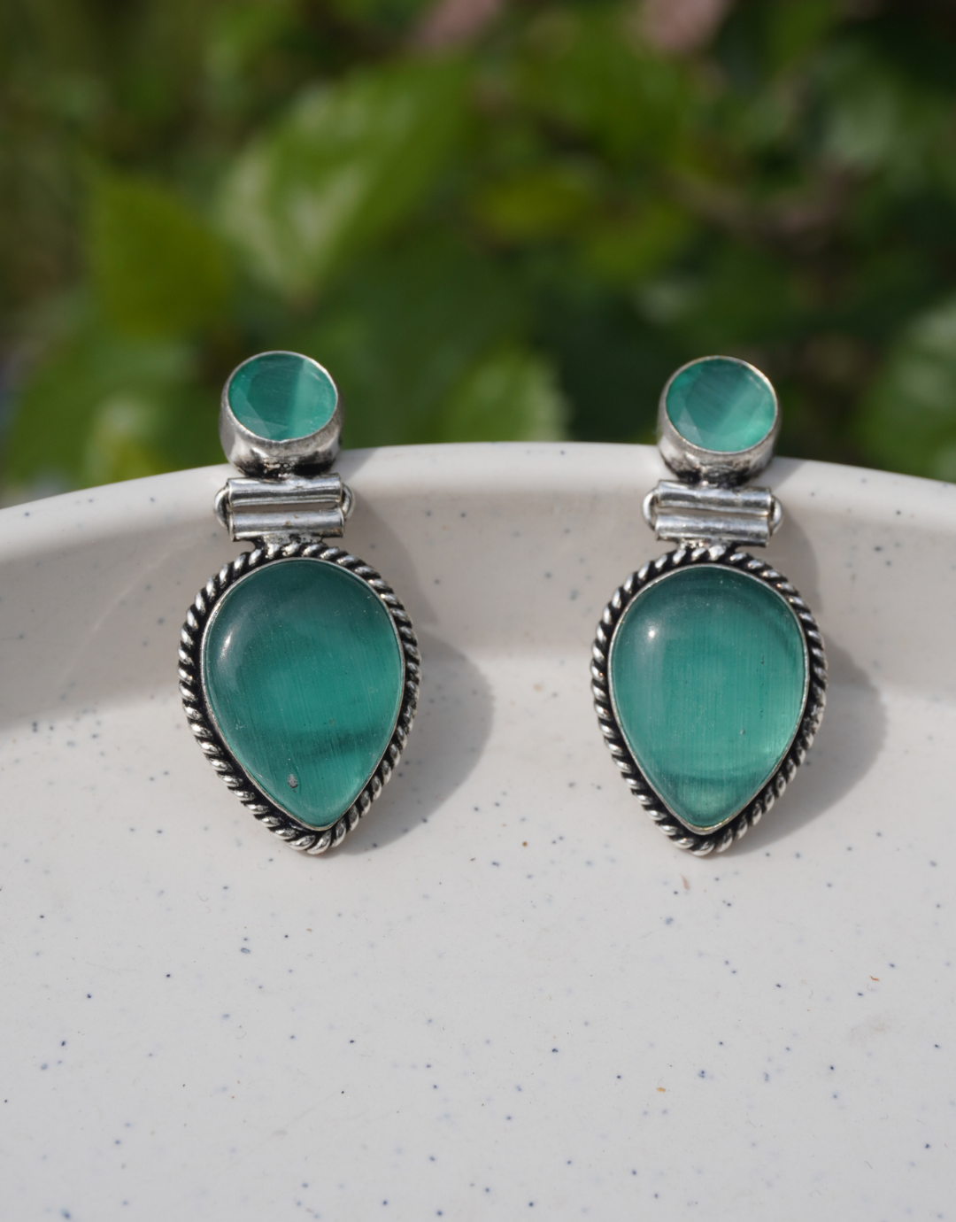 Seafoam Green Teardrop Drop Earrings in Oxidized Silver